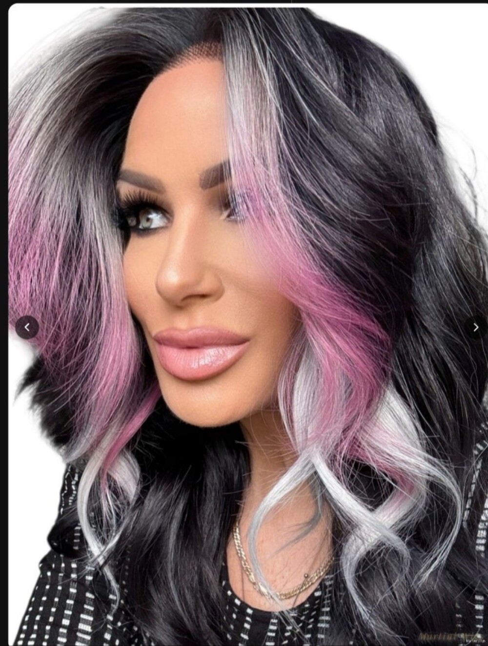 Black Wig with Pink and White Streaks – Fashion Hair Accent